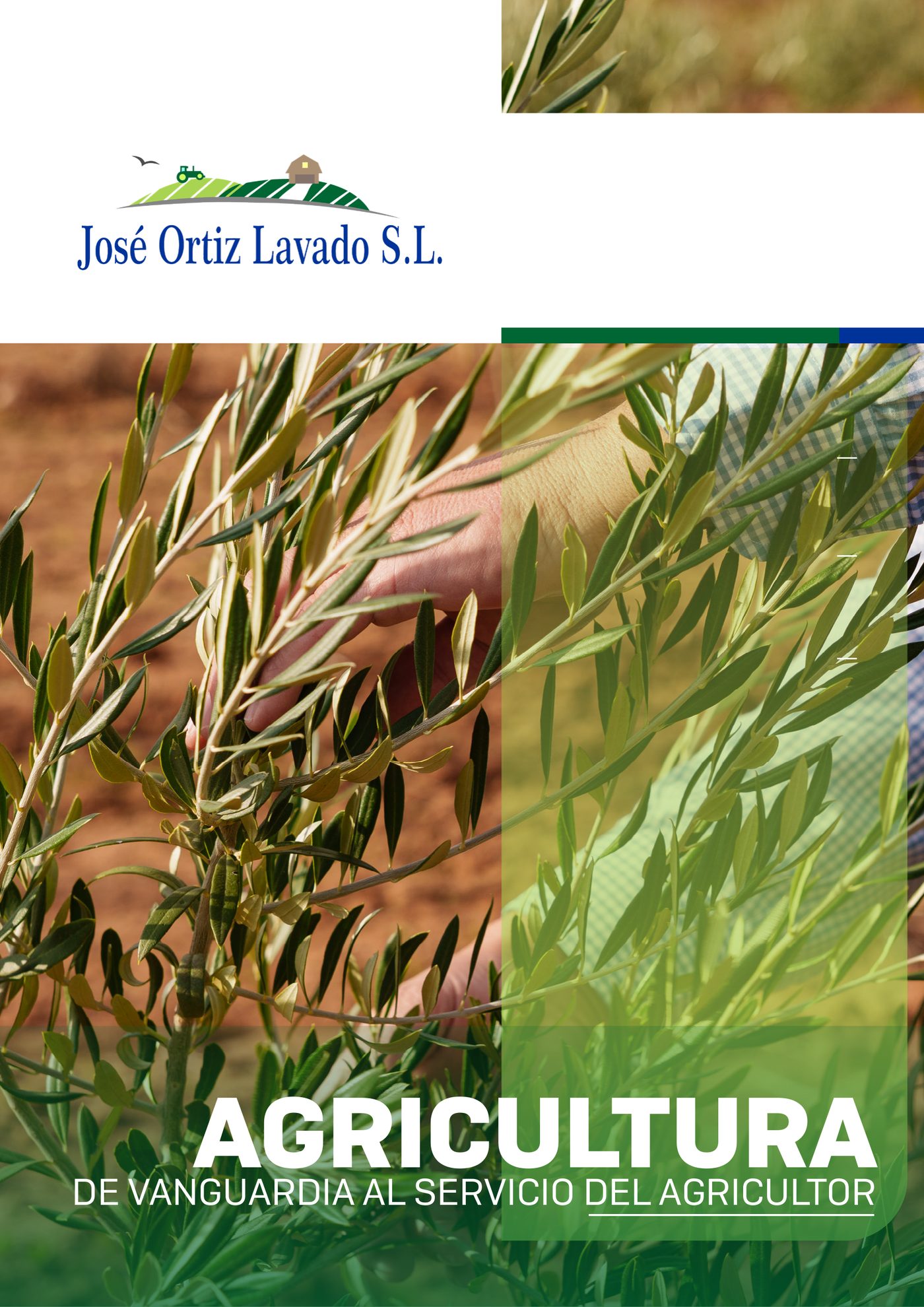 Capa do catálogo 2026 de José Ortiz Lavado S.L.: uma mão examina um ramo de oliveira jovem, com o título «Agricultura de vanguardia al servicio del agricultor».