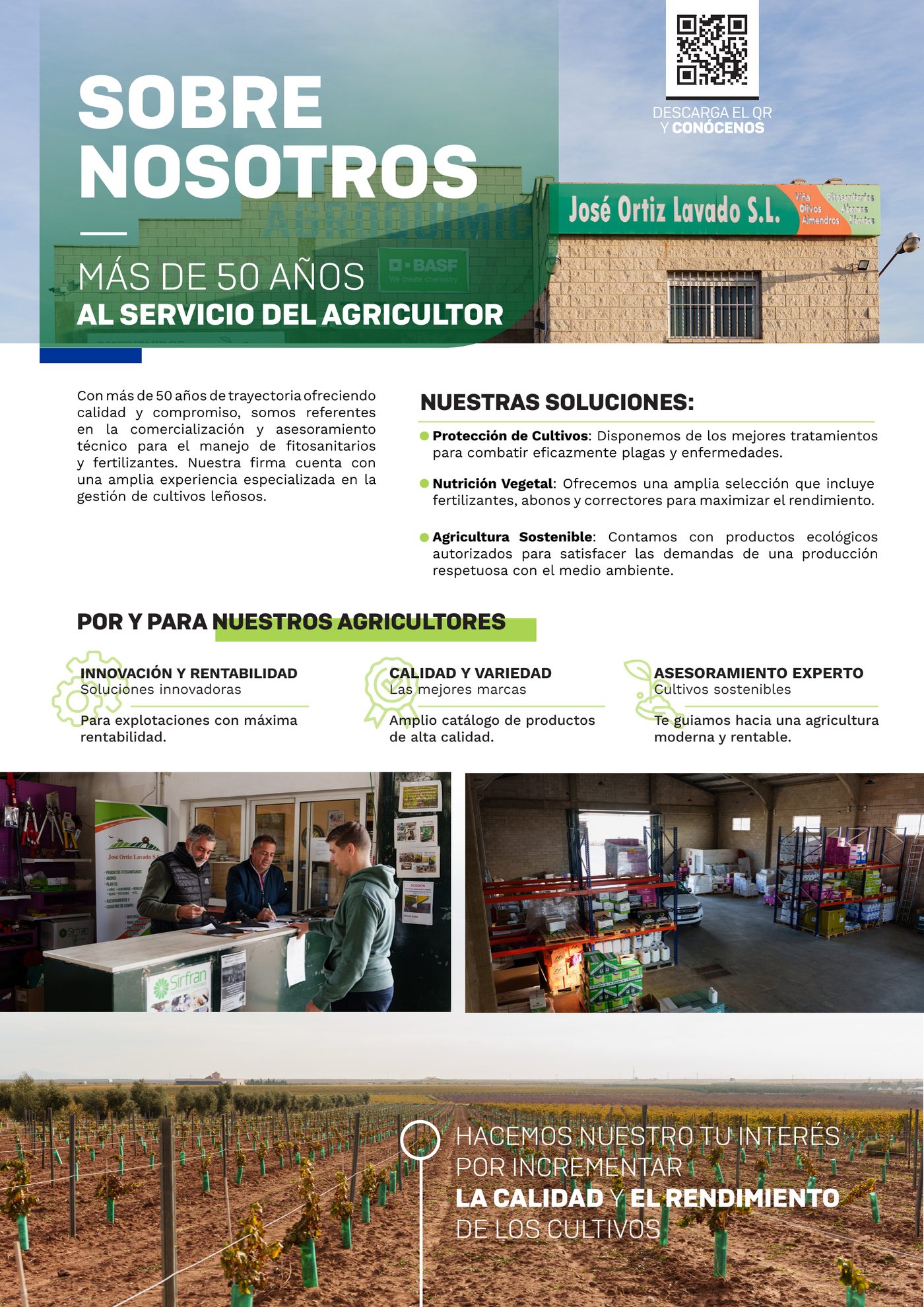 Página «Sobre nosotros» do catálogo: mais de 50 anos ao serviço do agricultor, com as três linhas de solução e três blocos sobre inovação, qualidade e aconselhamento.