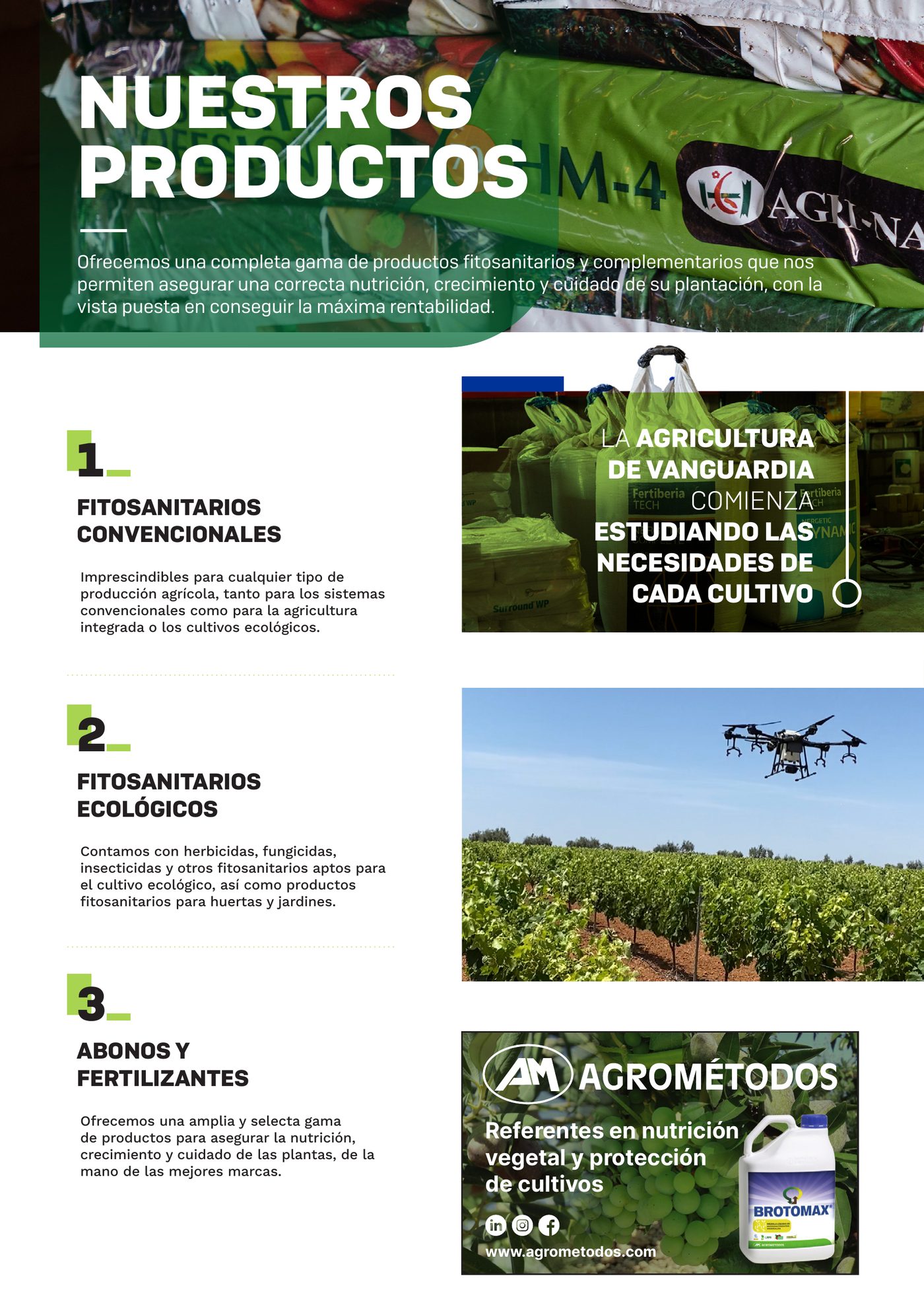 Página «Nuestros productos» do catálogo, com as famílias 1 produtos fitofarmacêuticos convencionais, 2 produtos fitofarmacêuticos ecológicos e 3 adubos e fertilizantes.