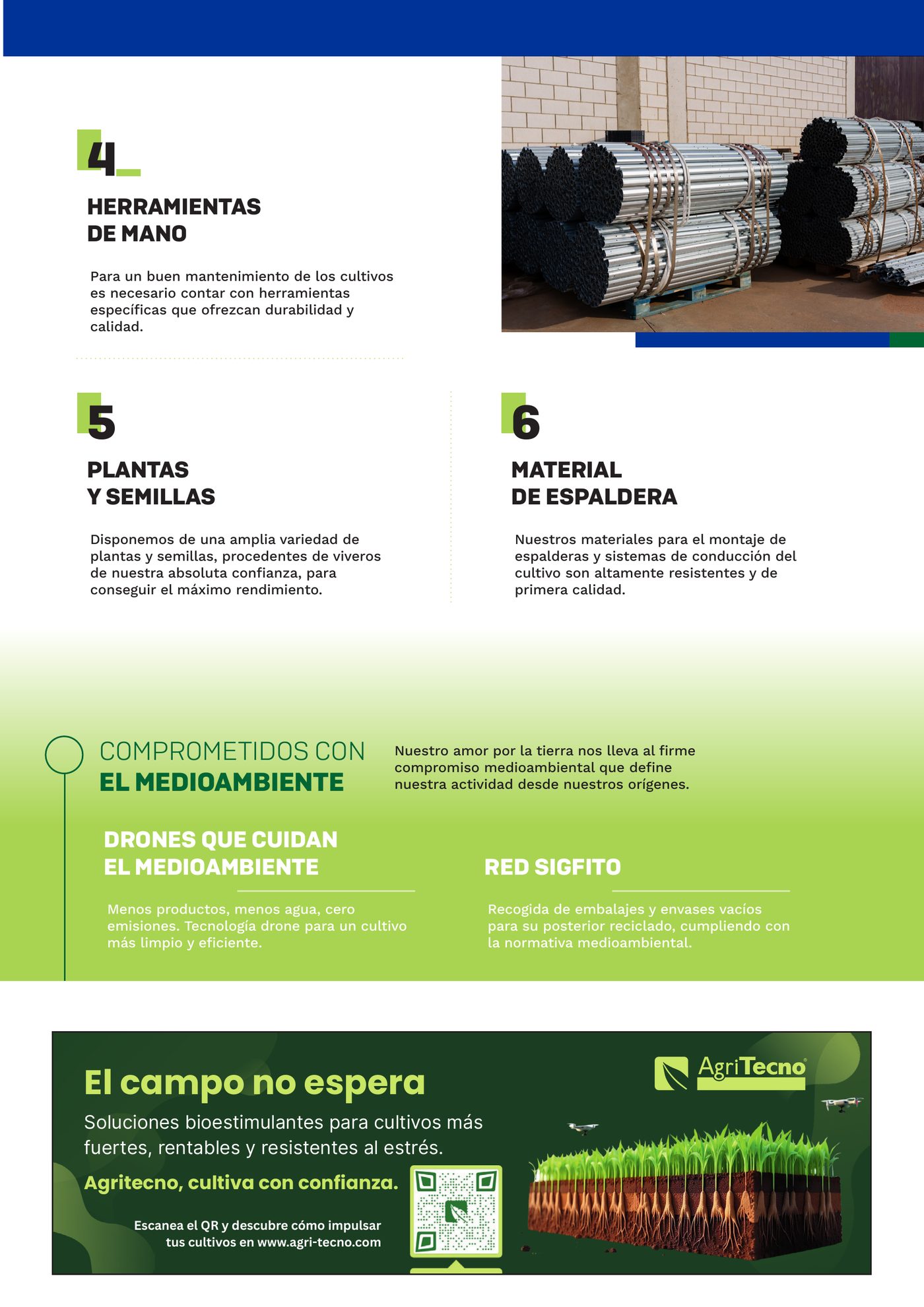 Página do catálogo com as famílias 4 ferramentas manuais, 5 plantas e sementes e 6 material de espaldeira, e um bloco sobre o compromisso ambiental.